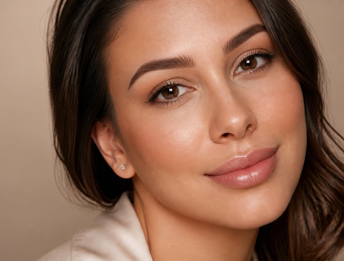 Natuurlijke permanente make-up: zachte wenkbrauwen, subtiele eyeliner en lip blush